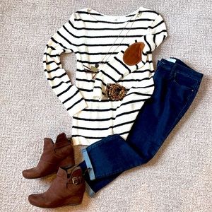 Striped Sweater with elbow patch.